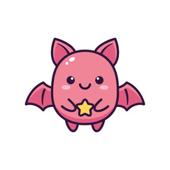 Adorable Pink Cartoon Bat with Star Vector Illustration