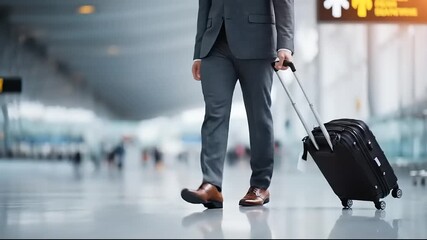 Businessman walking with a suitcase in a modern hallway towards destination