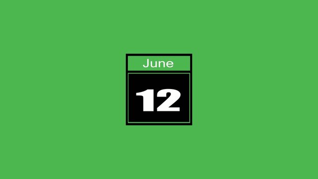 Square calendar showing June 12 on a solid green Generate title without using the word "Title:" before it. background with white and black text date twelve