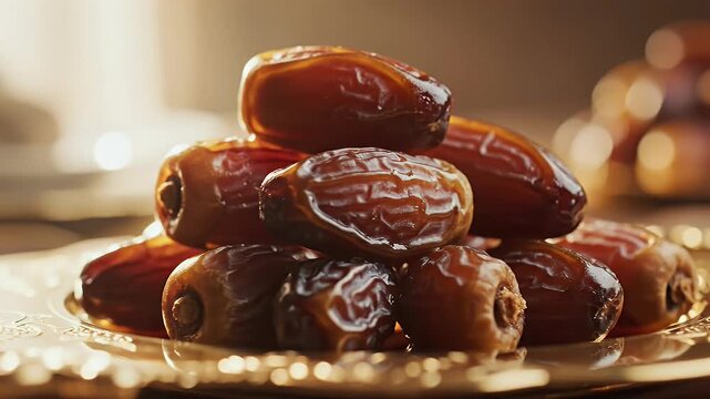 Close Up of Premium Ramadan Dates on Golden Plate with Soft Morning Light