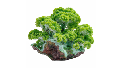 Vibrant green cauliflower coral or similar aquatic organism isolated against a stark black background