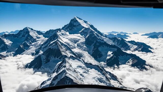 Rugged snowy mountains and glaciers rise above a fluffy cloud sea from an aircraft