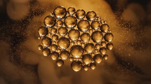 Cluster of golden bubbles with warm backlighting and dark background