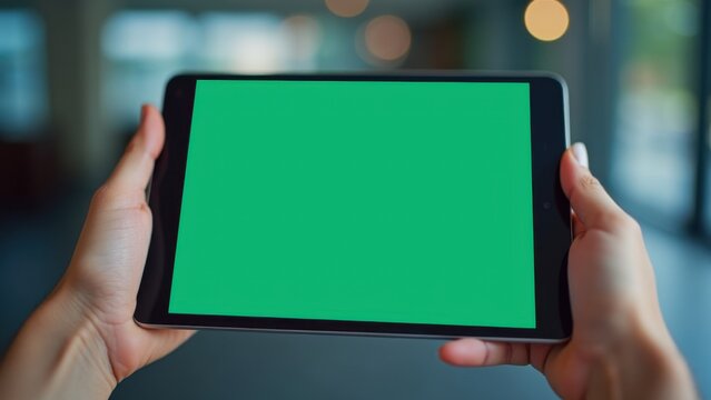 Hands holding tablet with blank green screen mockup indoors, modern digital device display with empty space for text, concept of technology, advertising, digital marketing, ecommerce, brands - Powered by Adobe