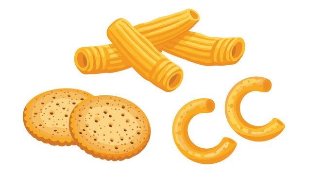 Assortment of dry pasta and crackers including rigatoni, macaroni, and round crackers, common pantry food staples.