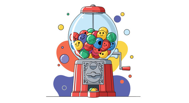 Retro red gumball machine filled with colorful toy capsules with smiley faces, on an abstract background with bubbles.