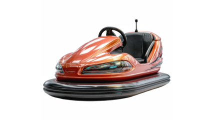 A vibrant orange bumper car with a sleek design, ready for amusement park fun and collisions