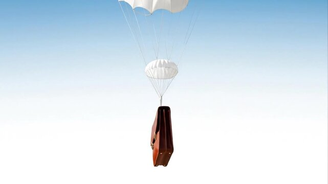 Briefcase descending with parachute against blue sky