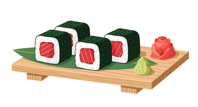 Classic Japanese Tekka maki sushi rolls filled with fresh raw tuna, served on a wooden geta plate with wasabi.