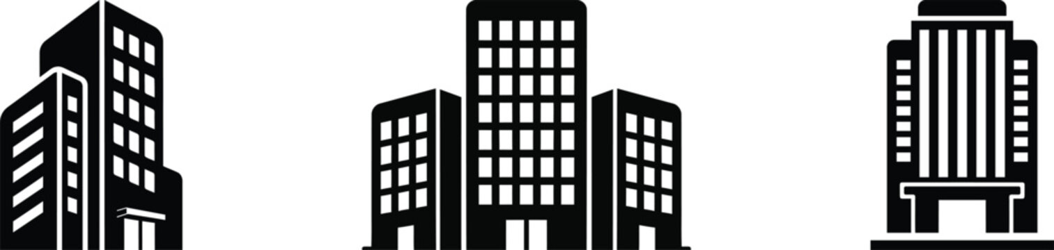 Minimalist front view office buildings icon, Black office silhouette on transparent background