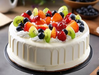 Delicious Homemade Fruit Cake Topped with Fresh Berries and Seasonal Fruits