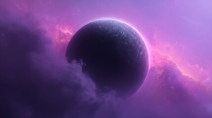 Dark planet in purple nebula and cosmic clouds