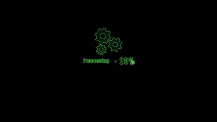Fototapeta premium Three green outline gears with processing text and twenty percent completion on a dark Generate title without using the word 