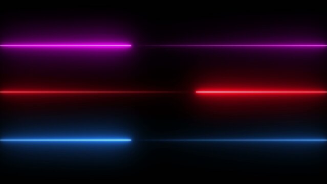 Three glowing horizontal light beams in purple red and blue shining against a dark Generate title without using the word "Title:" before it. background bright