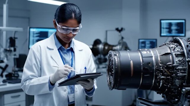 Professional Indian Female Aerospace Engineer in Lab Coat and Goggles Using a Digital Tablet and Stylus to Inspect a Jet Engine in a High-Tech Research Laboratory.