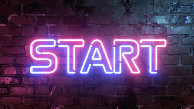 START neon sign on dark brick wall, business concept of beginning and launch, 3D rendering - Powered by Adobe