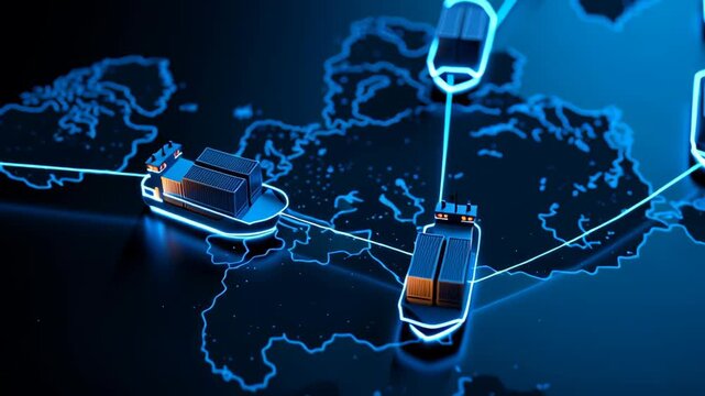 Ultra-Modern Hologram Representation of Global Logistics Network with Shipping Vessels and Cargo in a Futuristic Style