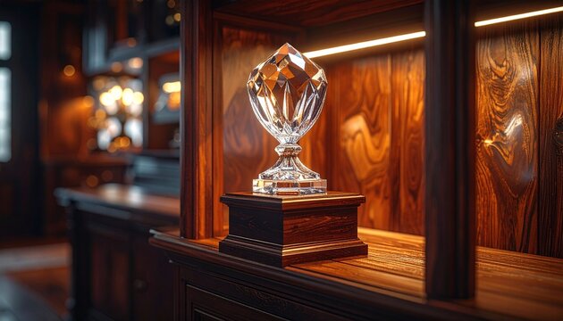 Crystal Trophy Displayed On Wooden Cabinet with Warm Lighting and Blurred Background