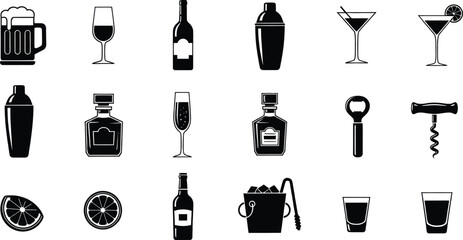 Collection of silhouette icons for bar equipment, alcoholic beverages, and accessories © Milon Store