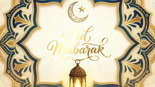 Elegant animated background with intricate gold and deep blue traditional patterns creating a decorative frame. Central to the design is a shimmering golden inscription, complemented by a crescent moo