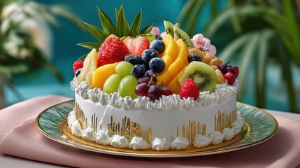 Delicious Homemade Fruit Cake Topped with Fresh Berries and Seasonal Fruits