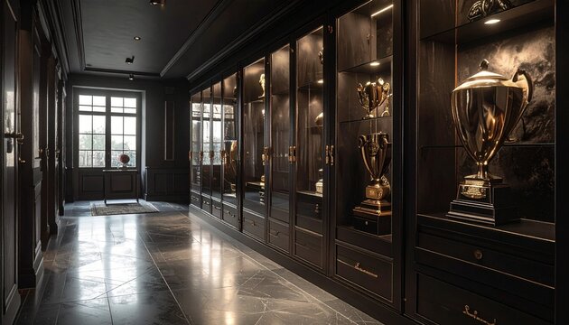 Elegant Trophy Display Hall With Golden Awards Dark Wood Interior and Dramatic Lighting