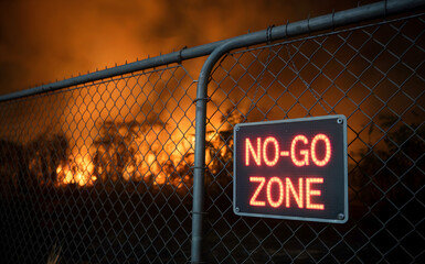 Fiery no-go zone warning sign on chain link fence during wildfire