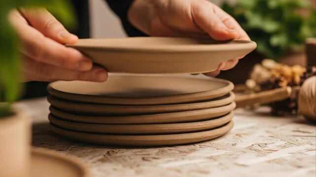 Stacking of brown plates indoors with natural lighting and copy space
