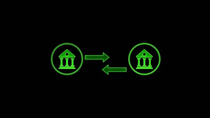 Fototapeta premium Two green circular with bank building symbols connected by bidirectional horizontal arrows on a dark Generate title without using the word 