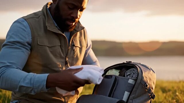 Man Packing Backpack for Outdoor Adventure, Explorer Arranging Gear for Travel