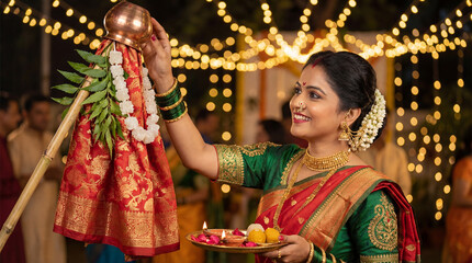Woman celebrating Gudi Padwa festival with traditional offerings and joy