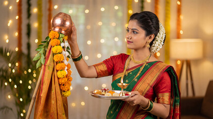 Young Woman Celebrating Gudi Padwa Festival in Traditional Attire