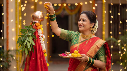 Joyful Indian Woman Celebrating Gudi Padwa with Traditional Rituals
