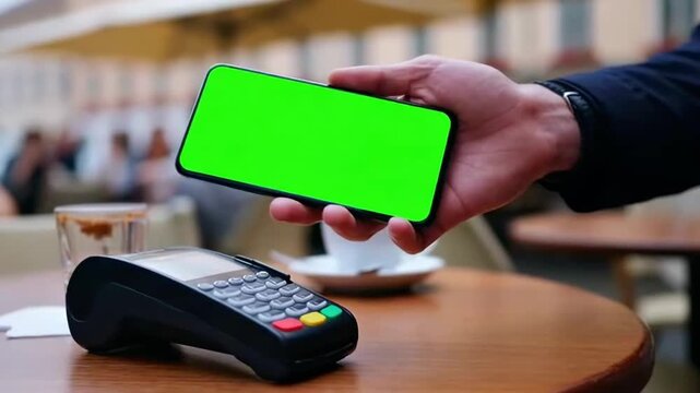 Mobile Payment at Caf&eacute;: A Hand Holding a Green Screen Smartphone Over a Card Reader, Reflecting Modern Transactions and the Shift Towards Digital Payment Solutions