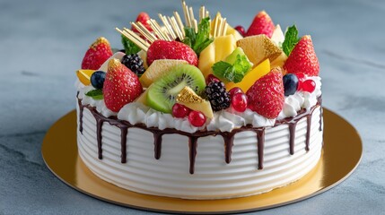 Delicious Homemade Fruit Cake Topped with Fresh Berries and Seasonal Fruits