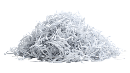 A large pile of thin white and light blue shredded paper strips on a plain white background for business or environmental concepts with paper shredder waste