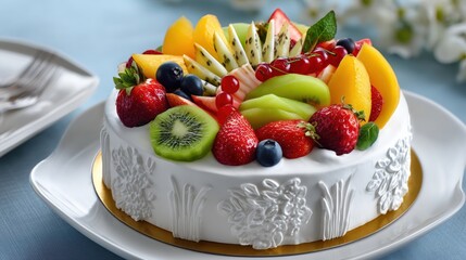 Delicious Homemade Fruit Cake Topped with Fresh Berries and Seasonal Fruits