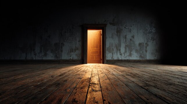 Open door with golden light in dark room