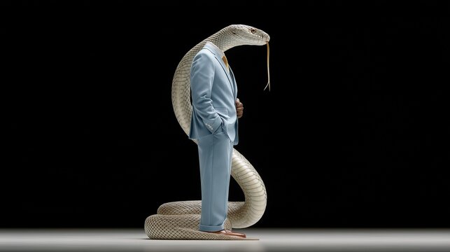 Elegant pale blue suit on a humanized cobra with a splayed hood, standing with hands in pockets, against a dark backdrop, symbolizing cunning business.