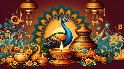 Obraz premium Artistic illustration of blue peacock centered among brass pots and lit oil lamps with hanging bells for the celebration of Thaipusam and Murugan