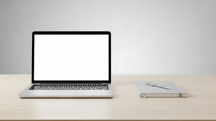 Modern workspace with blank laptop screen on wooden desk
