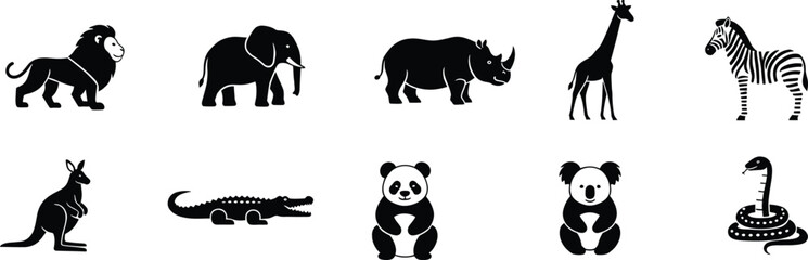 Fototapeta premium A collection of ten iconic black and white silhouettes of various wild animals