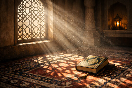Sunlit Quran Resting On a Prayer Rug Inside an Ornate, Sunbeam-Softened Room With Dust Particles