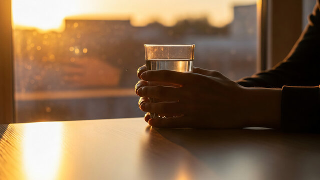 Hands Holding Glass of Water at Sunset During Ramadan Fasting