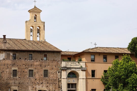 View of the Basilica of Saints Cosmas and Damian in Rome Italy.