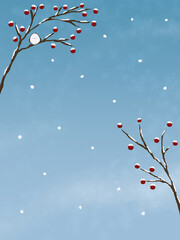 雪の積もった木にとまるシマエナガ