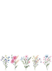 Fototapeta premium Floral background for greeting cards with watercolor flowers, perfectly for invitations and other printing design. Isolated on white. Hand drawing.