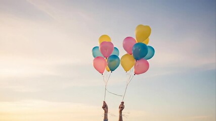 Colorful balloons held against a blue sky background conceptual imagery