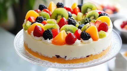 Delicious Homemade Fruit Cake Topped with Fresh Berries and Seasonal Fruits