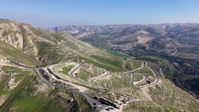 Wide aerial view of the mountainous landscape of the Golan Heights , Israel.
